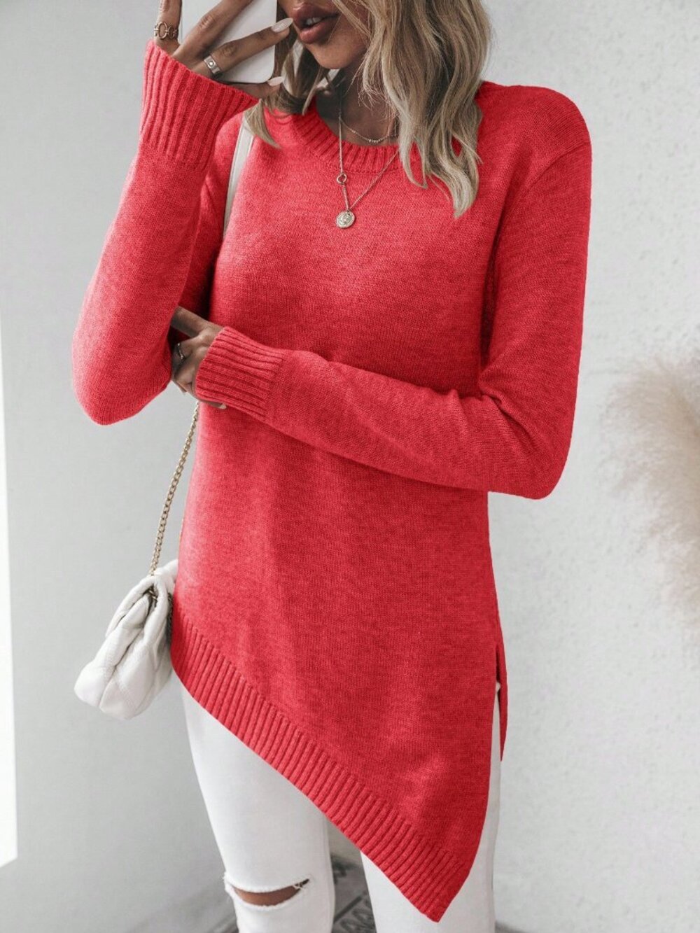 Red Casual Women's Asymmetric Hem Sweater